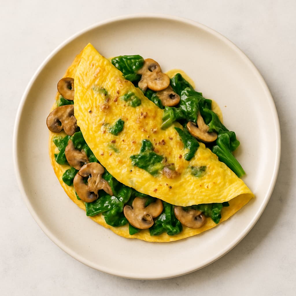 Omelette de espinaca y champiñones