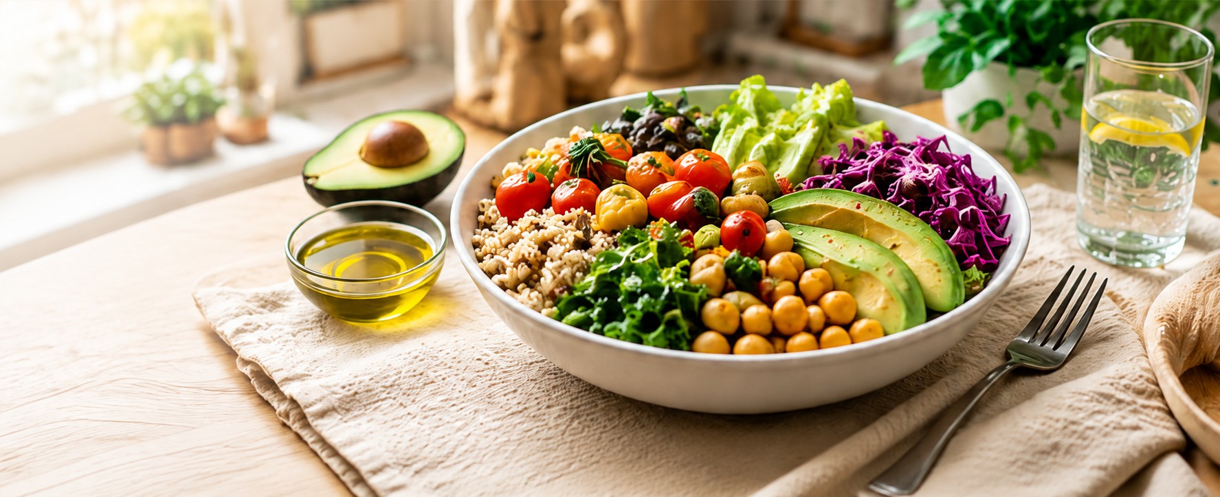Bol de ensalada de garbanzos con aguacate, tomate y verduras frescas
